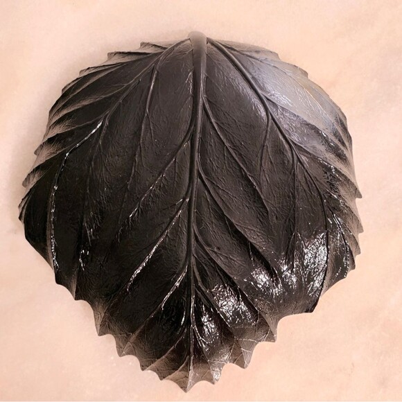 Yalos Casa Murano Glass Black Iridescent Large Leaf Dish Bowl Italy Vintage - Picture 5 of 8